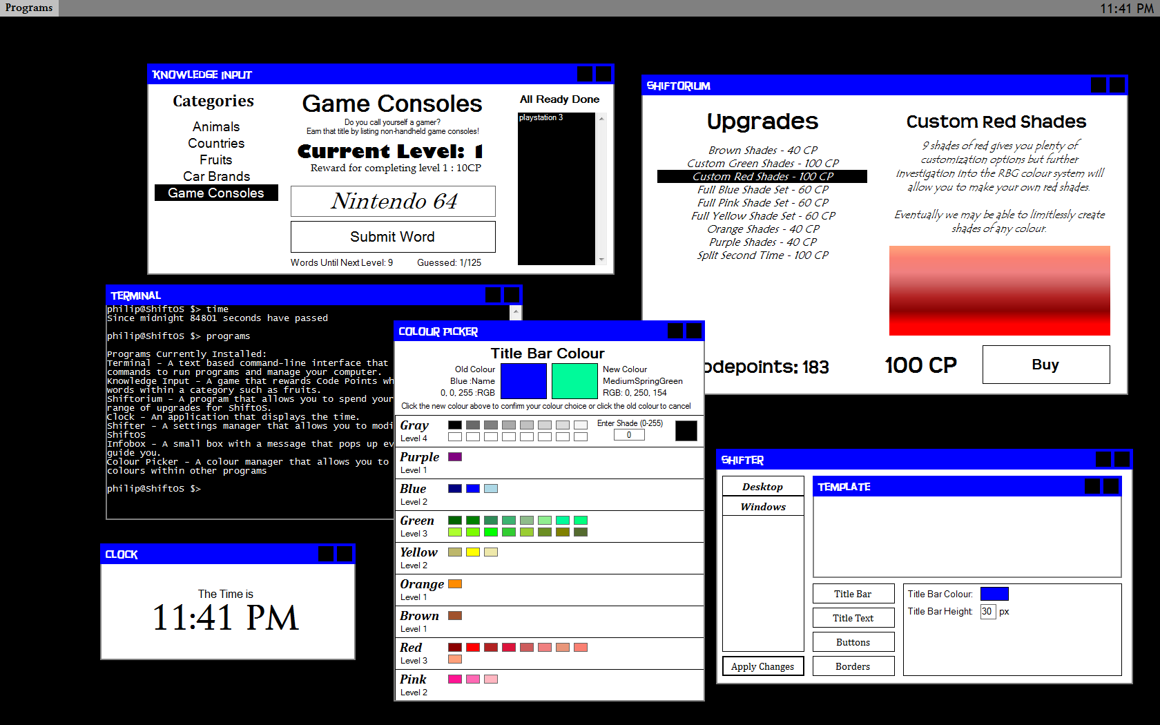 A screenshot showing some of the utilities available in-game.