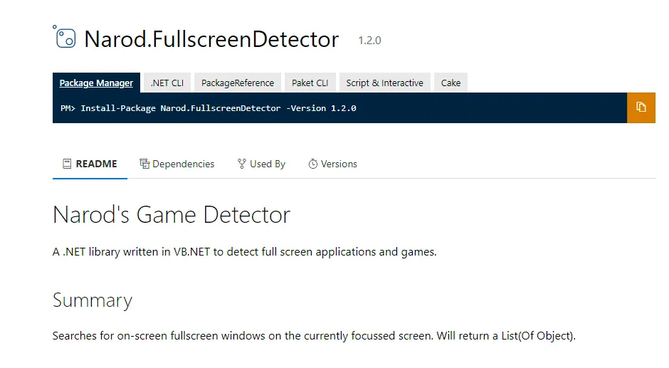 A screenshot of the NuGet package manager site