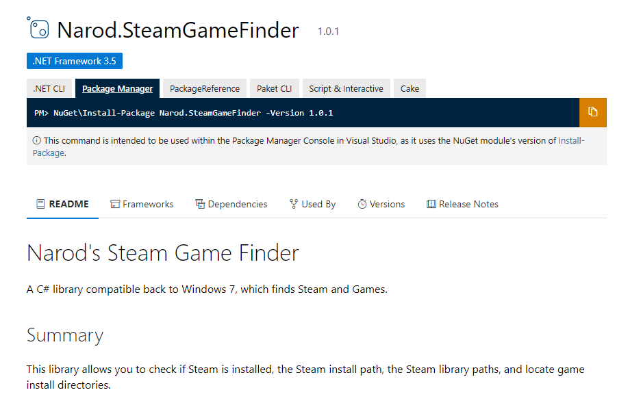 A screenshot of the library on the NuGet package site.